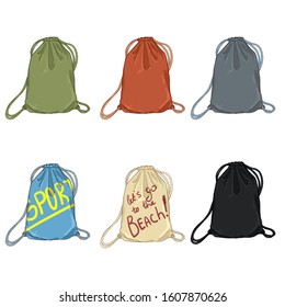 Vector Set of Cartoon Drawstring Bags. Different Color Sport Bags.