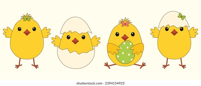 A vector set of cartoon Easter chicks on a white background. Vector illustration
