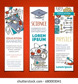Vector set of cartoon education vertical banners. Science, chemistry, physics and laboratory research elements and symbols. Molecules, books, gears, PCB and other objects.