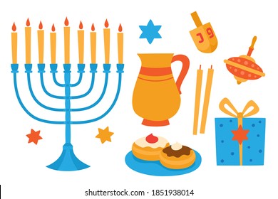 Vector set of cartoon elements wor Hanukkah isolated on white. Happy New Year, traditional holiday - candles, dreidels, donuts, gift and israel stars