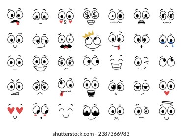 Vector set of cartoon faces. Expressive eyes and mouth, crying, smiling and surprised facial expressions of the character. Cartoon comic emotions or doodle