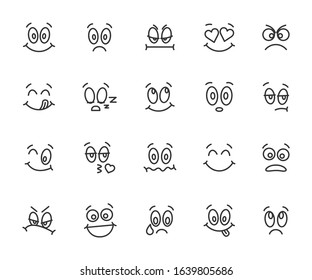 Vector set of cartoon faces line icons. Contains icons smile, sadness, indifference, laughter, fear, cry, sleep and more. Pixel perfect.