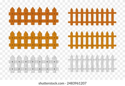 Vector set of cartoon fences. Wooden cartoon fence png. Fencing for farm or garden. Decorative fence.