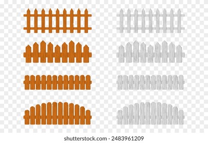 Vector set of cartoon fences. Wooden cartoon fence png. Fencing for farm or garden. Decorative fence.