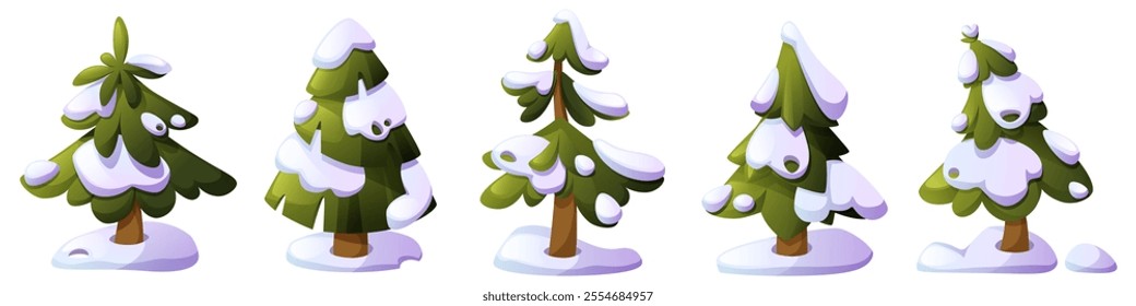 Vector set of cartoon fir trees of different shapes under snow. Snow-covered forest tree, pine tree in snowdrift, Christmas tree. Clip art for children's books and educational games.