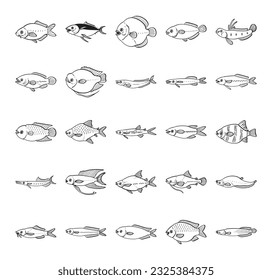 vector set of cartoon fish drawing illustration isolated on white background.