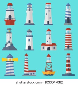 Vector set of cartoon flat vector lighthouses. Searchlight towers for maritime navigation guidance ocean and sea beacon light tower light house. Travel sailing signal navigation symbol.