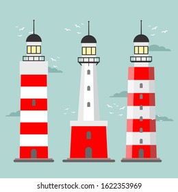 Vector set of cartoon flat lighthouses. Searchlight towers for maritime navigational guidance