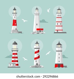 Vector set of cartoon flat lighthouses. Searchlight towers for maritime navigational guidance