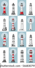 Vector set of cartoon flat lighthouses. Searchlight towers for maritime navigational guidance colored and monochrome versions