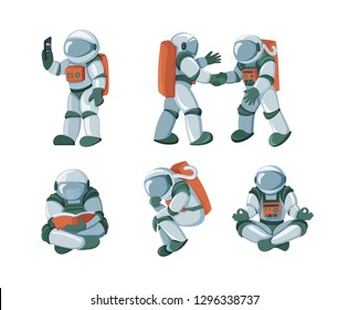 Vector set of cartoon flat spacemans, cosmonauts in spacesuit with helmet isolated on white background. Futuristic clothing for exploration of cosmos, galaxy, space. Stickers or print elements