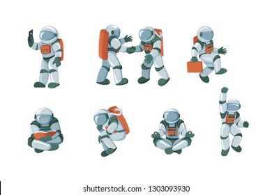 Vector set of cartoon flat spacemans, cosmonauts in spacesuit with helmet isolated on white background. Futuristic clothing for exploration of cosmos, galaxy, space. Stickers or print elements