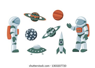 Vector set of cartoon flat spacemans, cosmonauts in spacesuit with celestial bodies isolated on white background. Futuristic concept of cosmos, galaxy, space exploration. Stickers or print elements