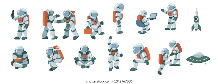 Vector set of cartoon flat spacemans, cosmonauts in spacesuit with helmet isolated on white background. Futuristic clothing for exploration of cosmos, galaxy, space. Stickers or print elements