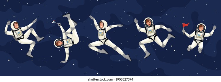 Vector set of cartoon flat spacemans, cosmonauts in spacesuit.Vector cosmonaut characters. Astronaut in space, science astronomy, spacesuit in cosmos illustration