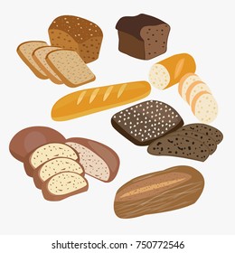 vector set of cartoon food bread, rye bread, ciabatta, wheat bread, whole grain bread illustration.  