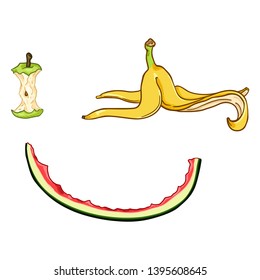 Vector Set of Cartoon Food Garbage. Apple Core, Banana Peel and Watermelon Peel. Fruit Leftover.