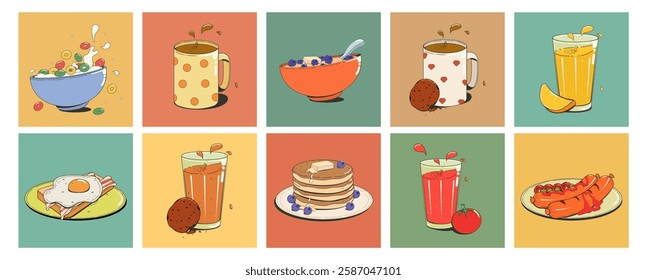 Vector set of cartoon food:oatmeal with blueberries, crispy rings with milk, cocoa with chocolate biscuits, pancakes, fried eggs with bacon, coffee, tomato juice, orange juice, fried sausages.