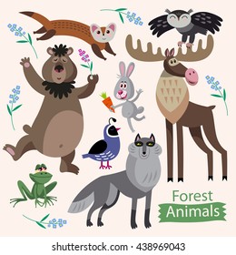 Vector set of cartoon forest animals on a white background. Childish illustration of bear, wolf, frog, elk, owl, quail, rabbit and marten.