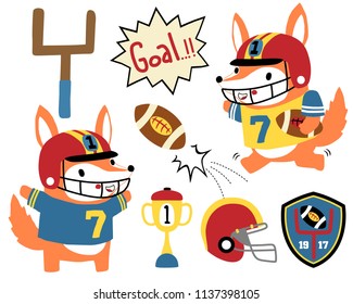 Vector set of cartoon fox in rugby player costume, rugby elements illustration