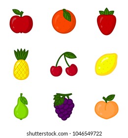 Vector set of cartoon fruit icons. Apple, orange, strawberry, pineapple, cherry, lemon, pear, grape, peach. Flat vector illustration.