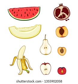 Vector Set of Cartoon Fruit Pieces. Melon, Watermelon, Pear, Banana and Apple, Plum, Pomegranate, Apricot, Peach
