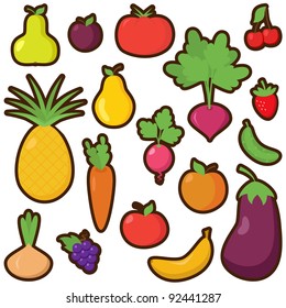 Vector Set of Cartoon Fruits and Vegetables