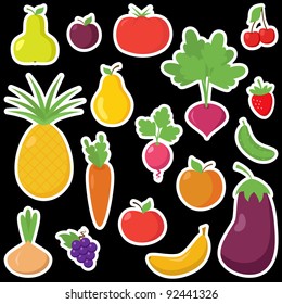 Vector Set of Cartoon Fruits and Vegetables