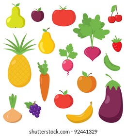 Vector Set of Cartoon Fruits and Vegetables