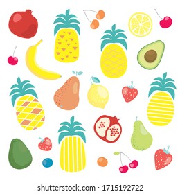 vector set with cartoon fuits: pineapple, pear, pomegranate, strawberry, avocado, cherry, lemon, blueberry, banana