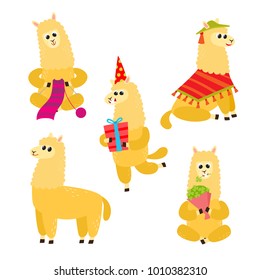 Vector set of cartoon funny alpaca isolated on white background. Cute, funny animal, alpaca character doing various actions used for magazine, book, poster, card, web pages.
