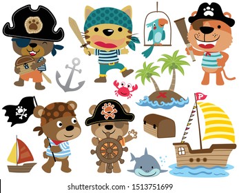 Vector set of cartoon funny animals in pirate costume. Pirate elements cartoon