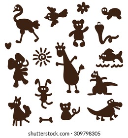 Vector Set of cartoon funny animals silhouettes