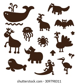 Vector Set of cartoon funny animals silhouettes