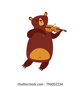 Vector set of cartoon funny bear isolated on white background. Cute, funny animal, bear character playing on violin used for magazine, book, poster, card, web pages.