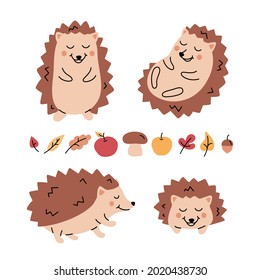 Vektorset aus Cartoon lustige braune Hedgehogs mit Äpfeln, Maschenräumen, Herbstblätter. Cute Illustration einzeln auf weißem Hintergrund.