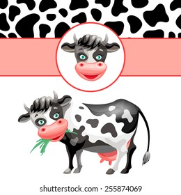 Vector set - cartoon funny chewing cow, spotted seamless pattern and logo.