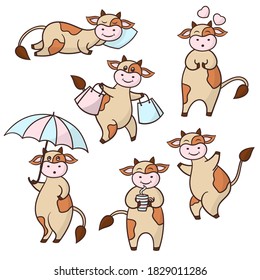 Vector set with cartoon funny cute cow, beige with brown spots, on white background