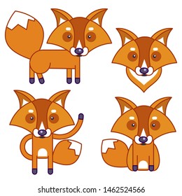 Vector Set Of Cartoon Funny Fox Isolated On White Background. Cute, Funny Animal, Fox Character Doing Various Actions Ready For Your Design, Greeting Card Banner
