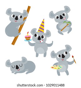 Vector set of cartoon funny koala isolated on white background. Cute, funny animal, bear character doing various actions used for magazine, book, poster, card, web pages.