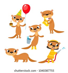 Vector set of cartoon funny otter isolated on white background. Cute, funny animal, animal character doing various actions used for magazine, book, poster, card, children invitation, web pages.