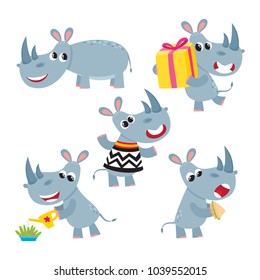 Vector set of cartoon funny rhinoceros isolated on white background. Cute, funny rhino, animal character doing various actions used for magazine, book, poster, card, children invitation, web pages.