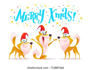 Vector set of cartoon funny smiling dog portrait in santa hat with xmas greeting and confetti isolated on white background. Lettering christmas greeting, New year congratulation. Card, banner design.