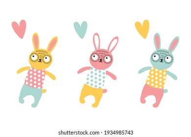 Conjunto vectorial de conejo divertido, corazón en colores pastel amarillo, rosa, azul. Para crear un patrón, scrapbook, tarjetas de impresión, pegatinas. Aislado. EPS10