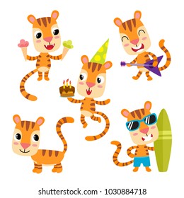 Vector set of cartoon funny tiger isolated on white background. Cute, funny animal, cats character doing various actions used for magazine, book, poster, card, web pages.