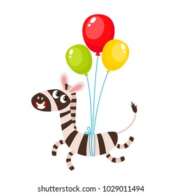 Vector set of cartoon funny zebra isolated on white background. Cute, funny animal, african horses character flying on balloons used for magazine, book, poster, card, web pages.
