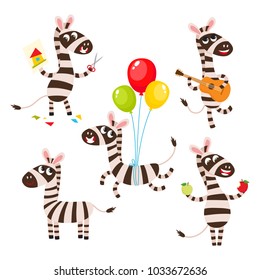 Vector set of cartoon funny zebra isolated on white background. Cute, funny animal, african horses character doing various actions used for magazine, book, poster, card, web pages.