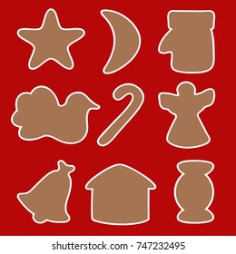 Vector Set of cartoon gingerbread christmas cookies isolated on red background. Christmas illustration