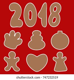 Vector Set of cartoon gingerbread christmas cookies isolated on red background. Christmas illustration