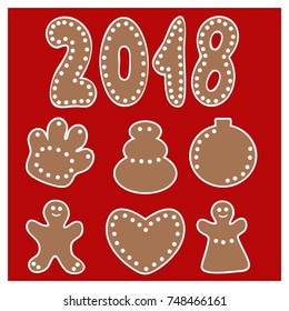 Vector Set of cartoon gingerbread christmas cookies isolated on red background. Christmas illustration